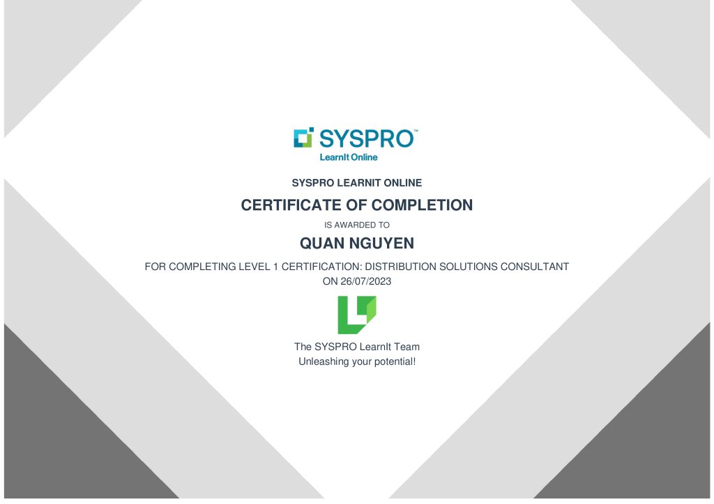 Level 1 Certificate Distribution Solutions Consultant DEHA Vietnam SYSPRO