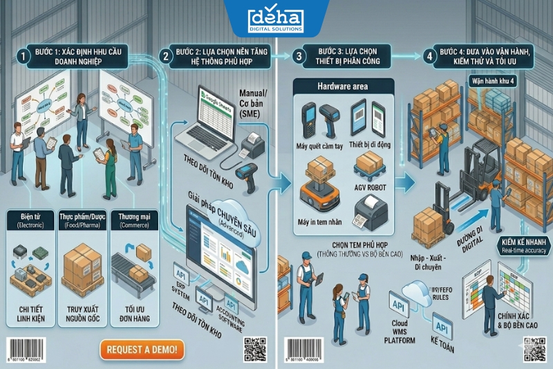 Quy trình 4 bước ứng dụng quản lý kho bằng mã vạch vào thực tế
