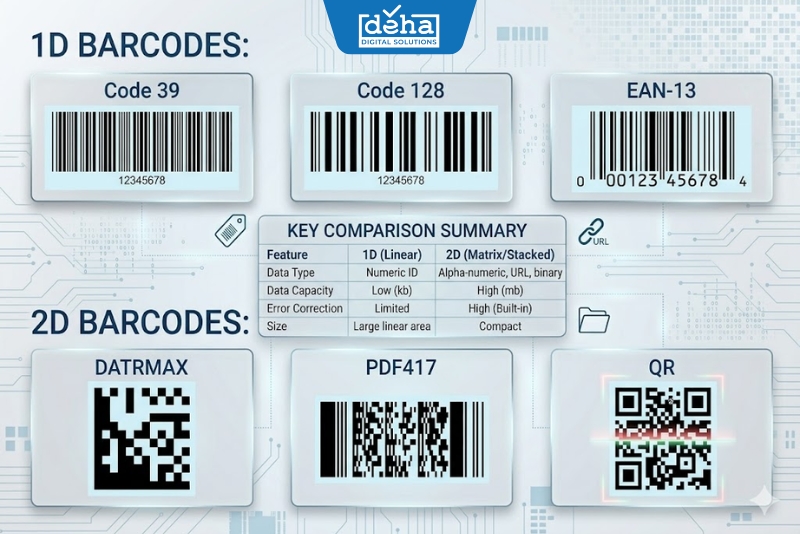 Có 2 loại mã vạch chính là mã vạch 1D và 2D